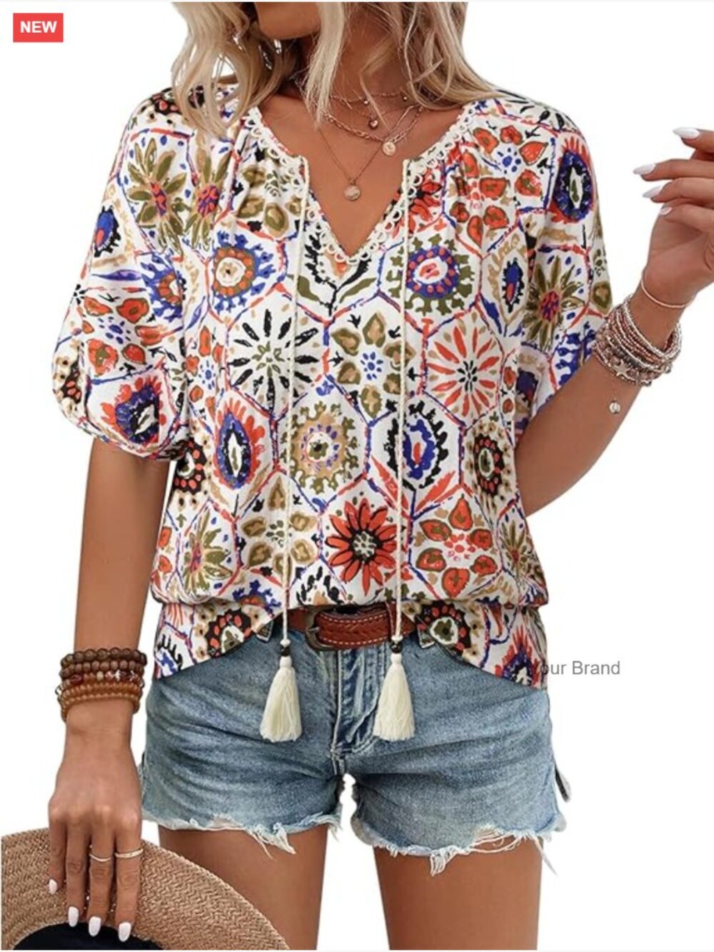 Boho V Neck Short Sleeve Blouse Floral Print Tie Front Flowy Vacation Top